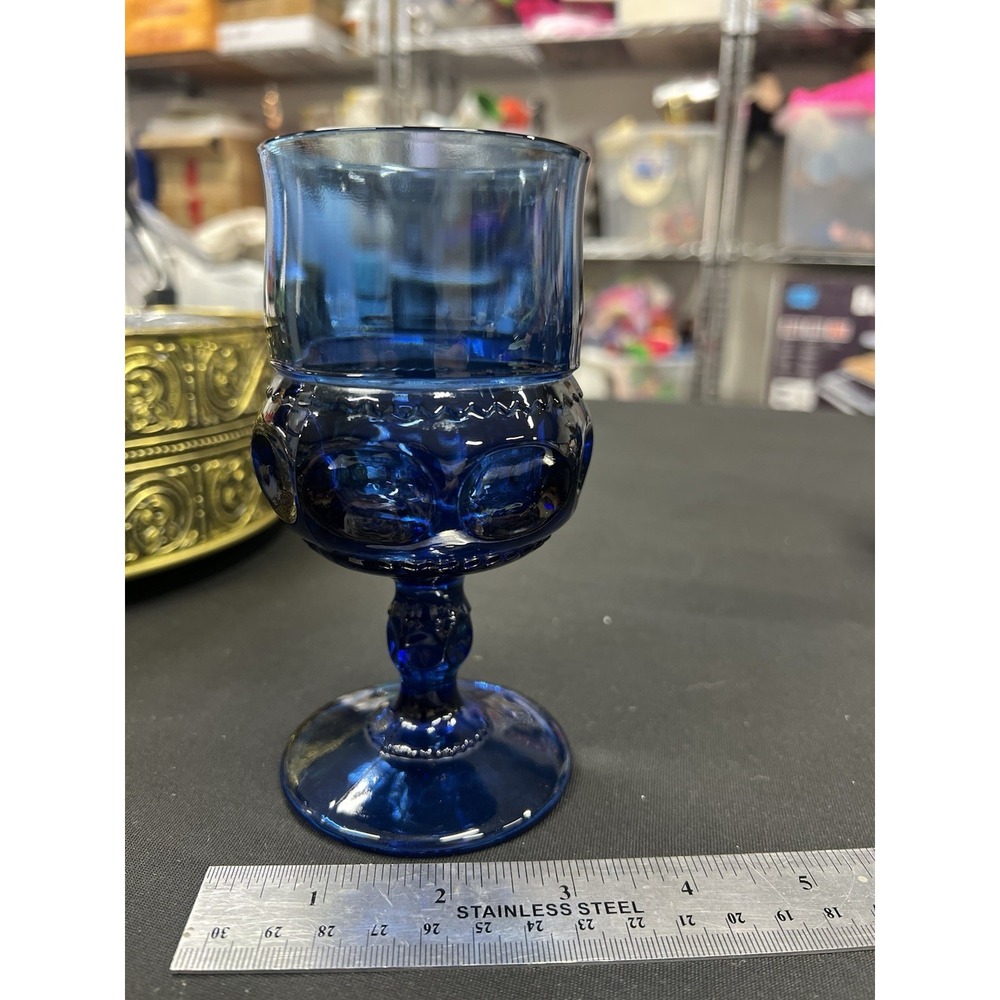 Indiana Glass Thumbprint Royal Blue Kings Crown Goblets Wine Glass Vintage‎